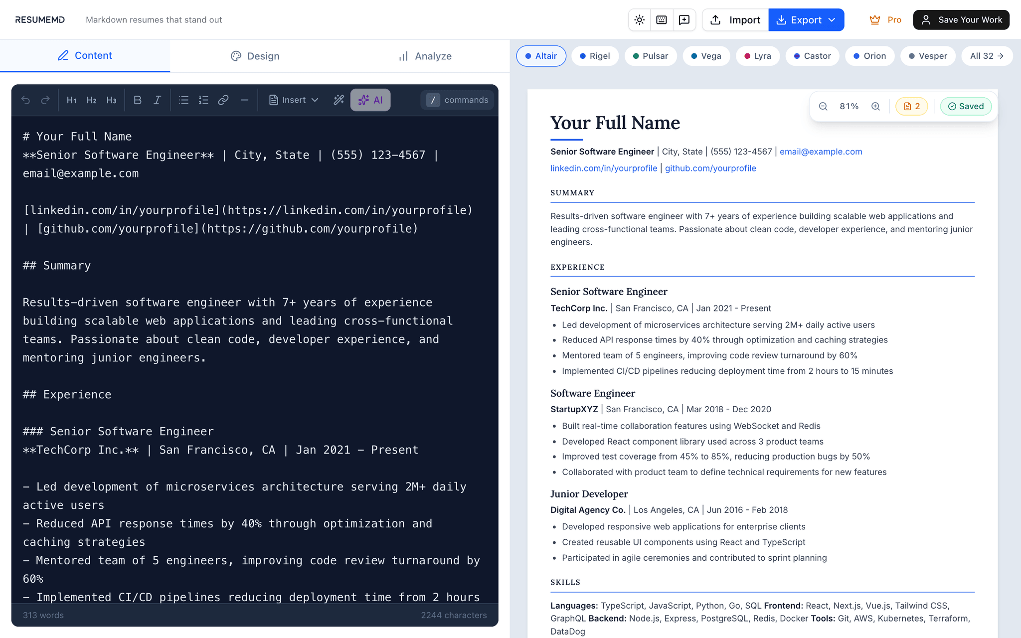 The ResumeMD editor: Markdown source on the left, the live formatted resume preview on the right, with template options across the top.